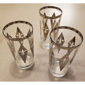 Vintage mcm bar glasses 12oz tumblers w/ silver chrome diamonds & fleir de lis